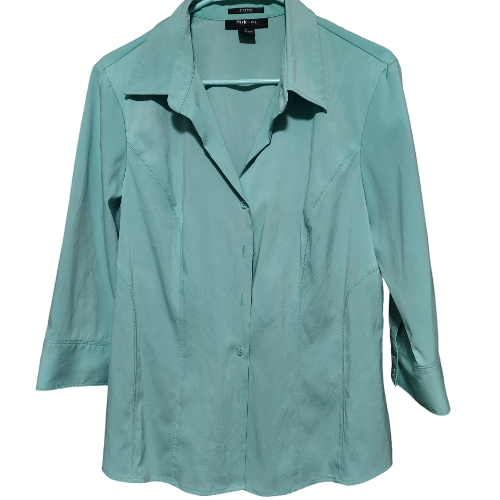 Style & Co Stretch Button Down Long Sleeve Shirt Aqua Sz 14 Womens